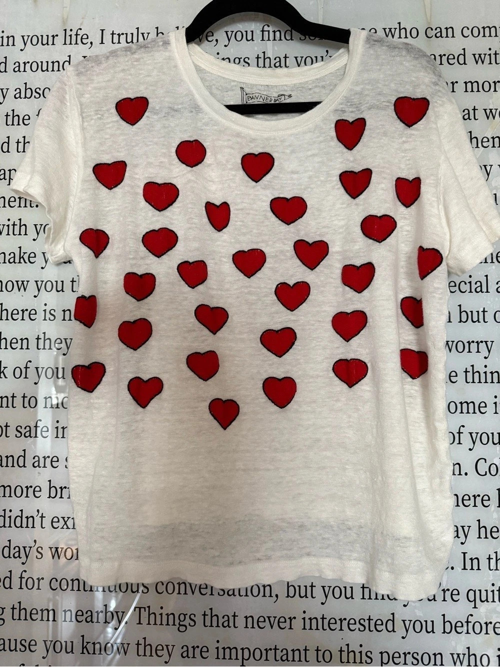 BANNER DAY All You Need Is Love hand embroidered Linen Tee Heart Print Short Sle